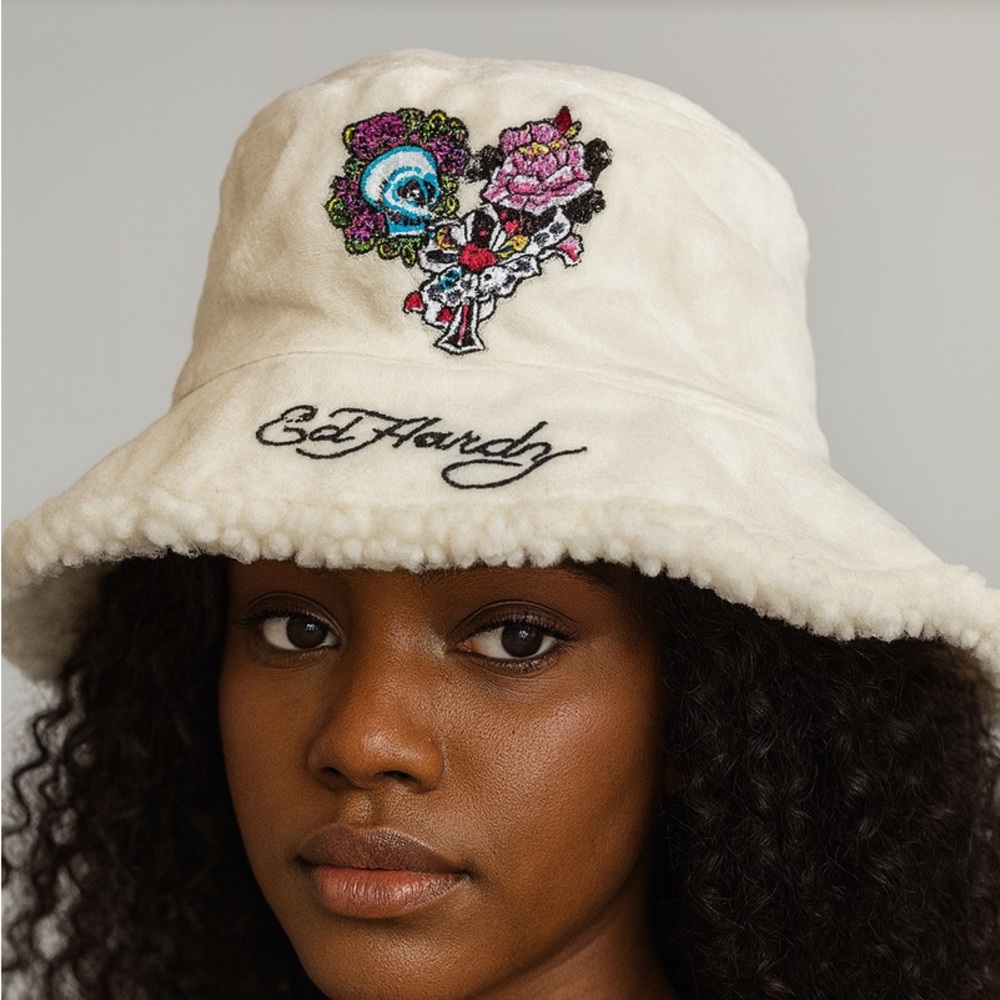 Ed Hardy Cream Bucket Hat with Colorful Embroidery